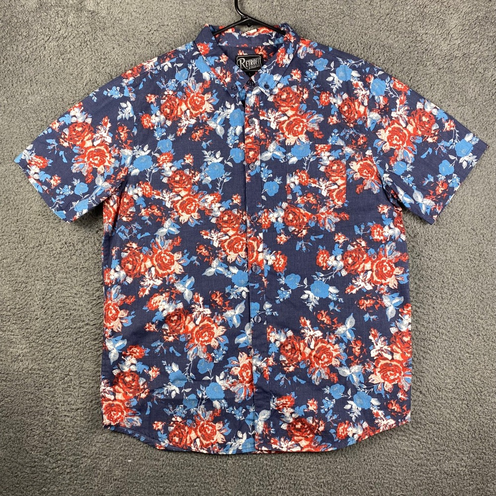 RETROFIT Mens Floral Button Up Shirt Size‎ L Red Blue Short Sleeve Casual
